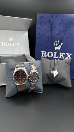 Rolex Oyster Perpetual Couple Watch Set with Heart Necklace – Silver & Black