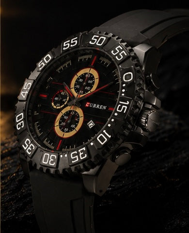⌚️CURREN Luxury Black Sport Chronograph Watch for Men | Premium Silicone Strap | Quartz Movement | Waterproof Style✨