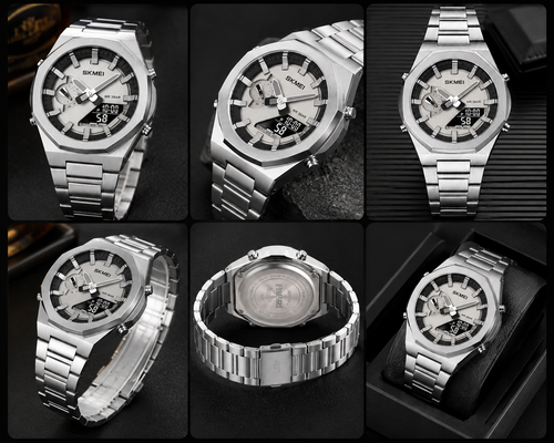 ⌚ SKMEI Premium Dual Display Stainless Steel Men’s Watch – Silver & Black