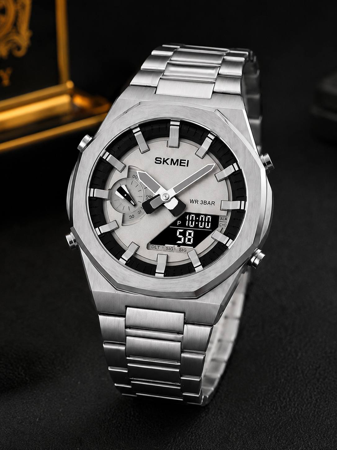 ⌚ SKMEI Premium Dual Display Stainless Steel Men’s Watch – Silver & Black