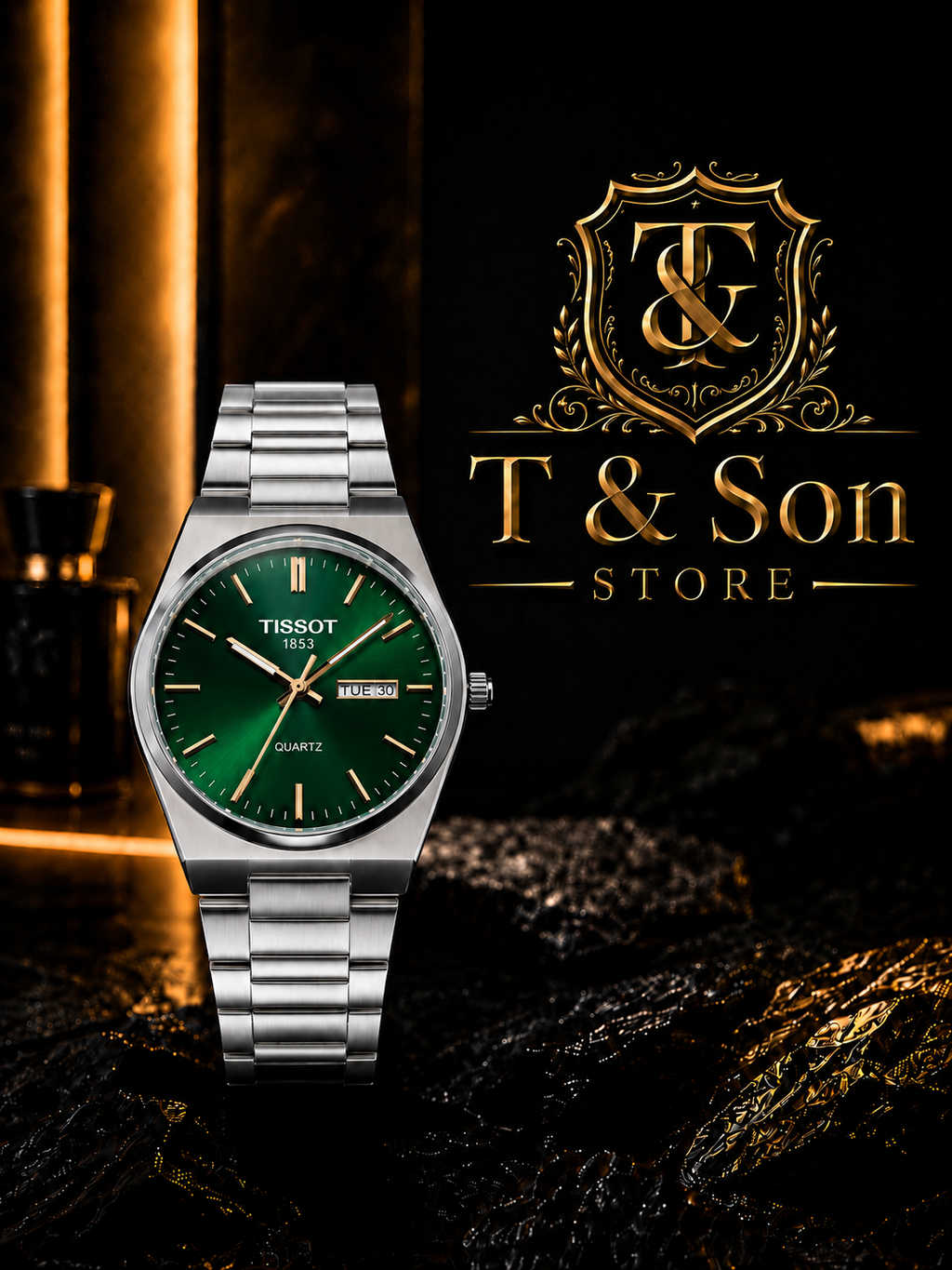 Tissot 1853 Green Dial Quartz Stainless Steel Men’s Watch – Day & Date, Silver Chain