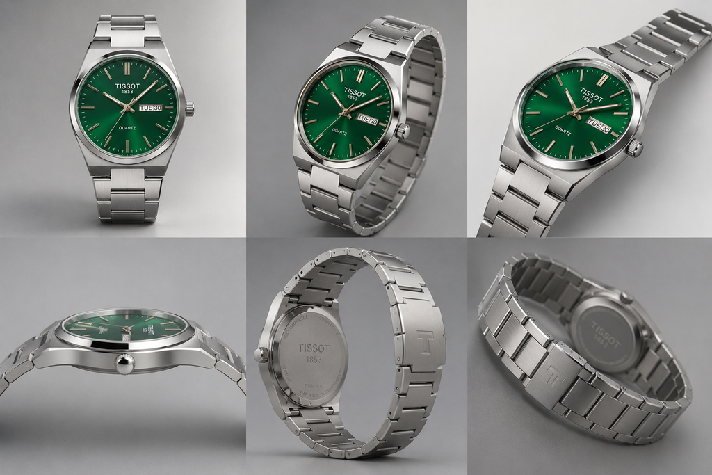 Tissot 1853 Green Dial Quartz Stainless Steel Men’s Watch – Day & Date, Silver Chain