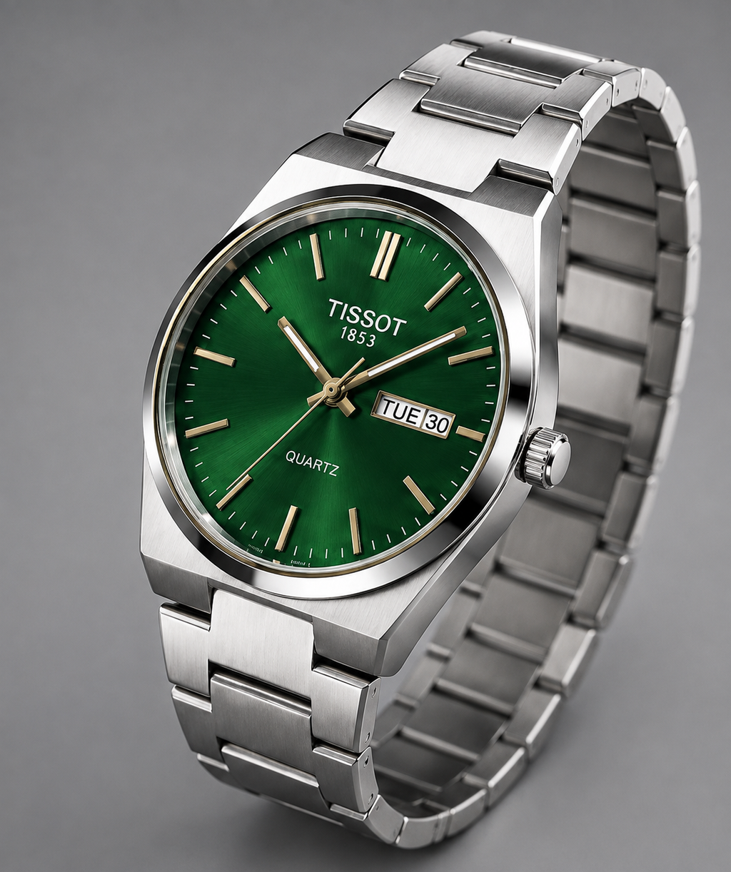 Tissot 1853 Green Dial Quartz Stainless Steel Men’s Watch – Day & Date, Silver Chain