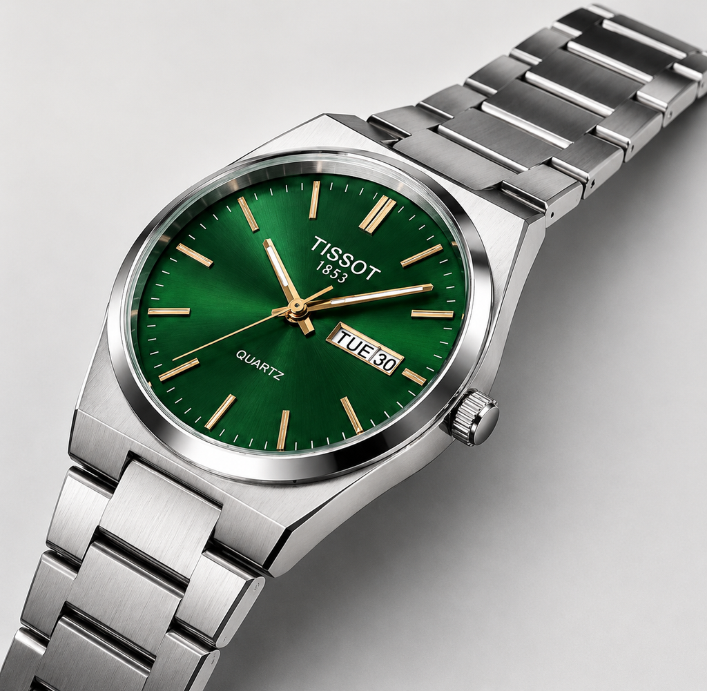 Tissot 1853 Green Dial Quartz Stainless Steel Men’s Watch – Day & Date, Silver Chain