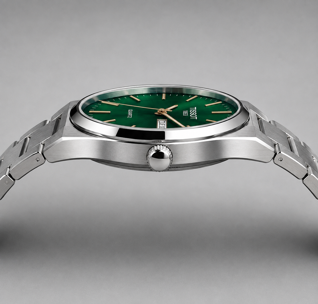 Tissot 1853 Green Dial Quartz Stainless Steel Men’s Watch – Day & Date, Silver Chain
